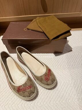 Gucci Beige Monogram Canvas Espadrille Flats with Red Logo